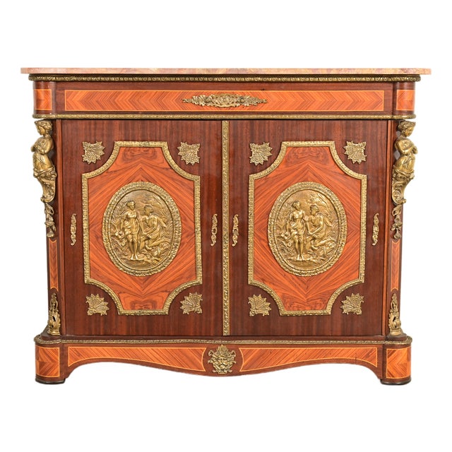 Paul Sormani Style French Napoleon III Mahogany and Kingwood Marble Top Buffet Server or Bar Cabinet With Mounted Gilt Bronze Ormolu For Sale