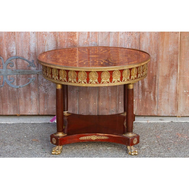 Brass Antique French Empire Round Marquetry Table For Sale - Image 8 of 9