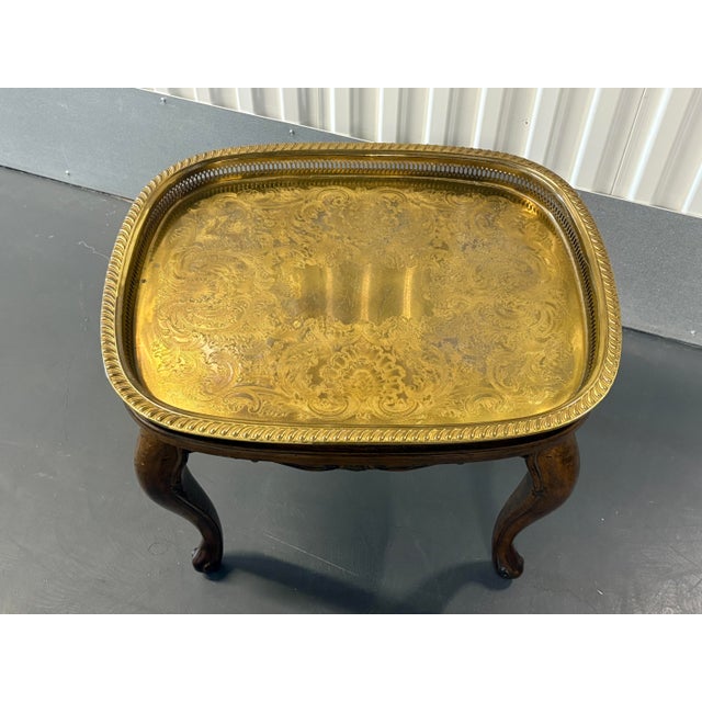 Brass Vintage Wood Queen Anne Style Table With Removable Brass Tray For Sale - Image 8 of 9