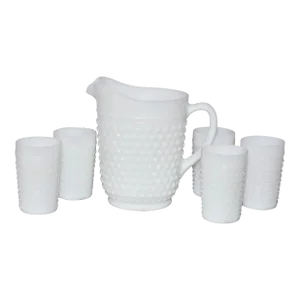 Vintage Anchor Hocking Depression Milk Glass Hobnail Pitcher & 5 Cup Set- 6 Pieces