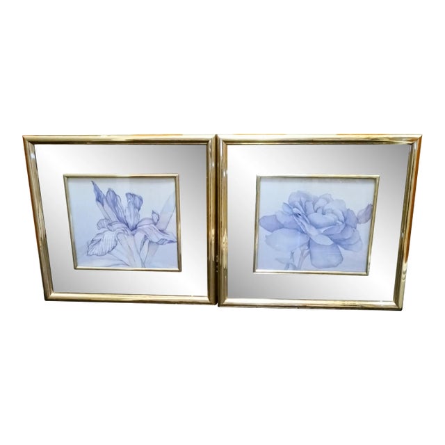 Vintage Mirrored Framed Floral Hollywood Regency Watercolor Prints Art Work- a Pair For Sale