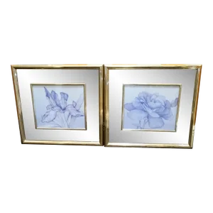 Vintage Mirrored Framed Floral Hollywood Regency Watercolor Prints Art Work- a Pair