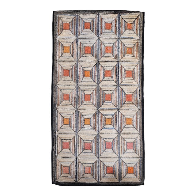 Vintage American Hand Hooked Rug, Wool on Cotton, Allover Geometric Pattern, 28” X 55” For Sale