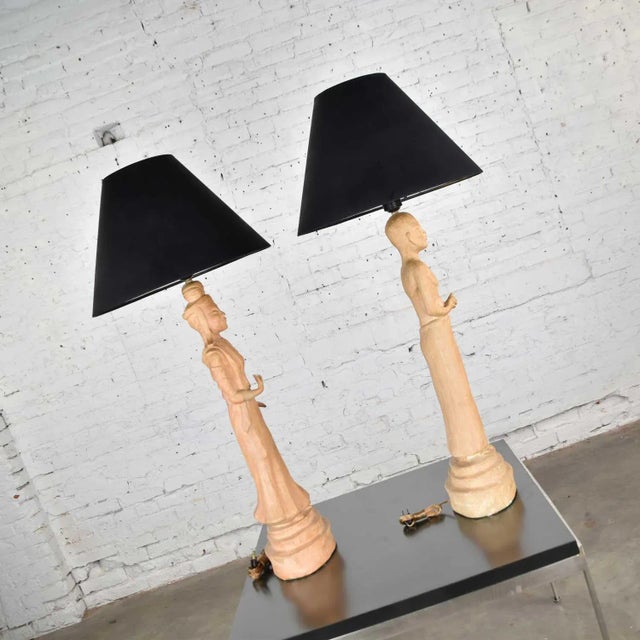 James Mont Vintage Hollywood Regency Asian Figural Lamps Style of James Mont W/ Black Tapered Shades - a Pair For Sale - Image 4 of 13