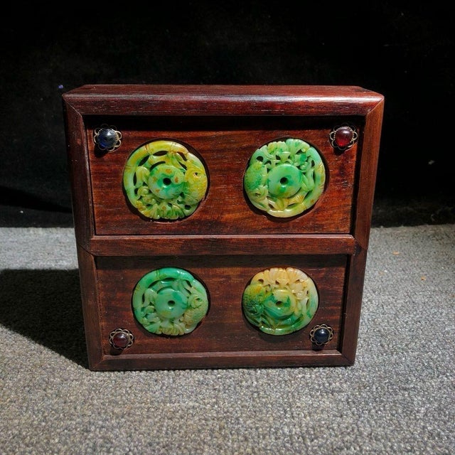 Vintage Huali Wood Double-Drawer Jewelry Box With Carved Green Jade Discs For Sale In Los Angeles - Image 6 of 9