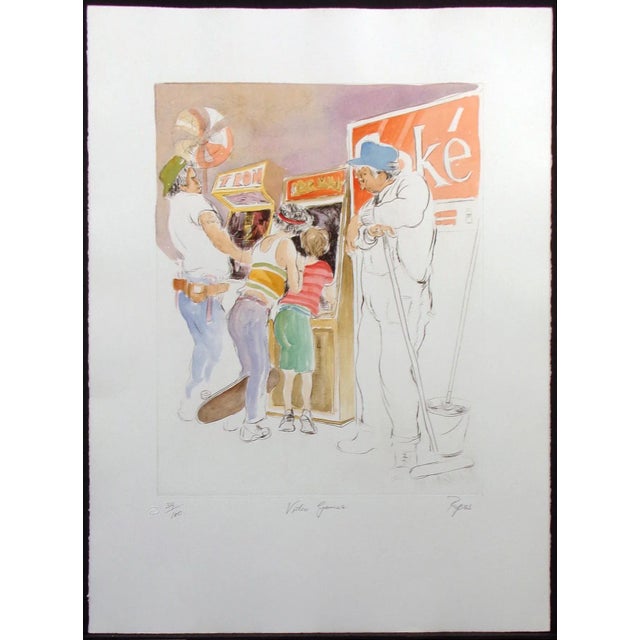 William Papas "Video Games" Signed & Numbered Hand Colored Etching For Sale In Denver - Image 6 of 6