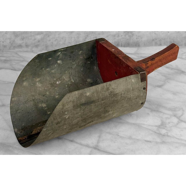 Antique Primitive Farmhouse Red Wood & Galvanized Barn Feed Ice Scoop For Sale - Image 4 of 11