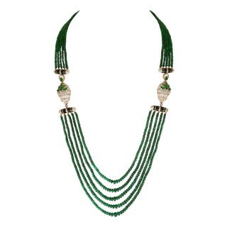 335 Carat 5-Strand Emerald Necklace with 6.5 Carat Diamond & Enamel in 14k Gold For Sale