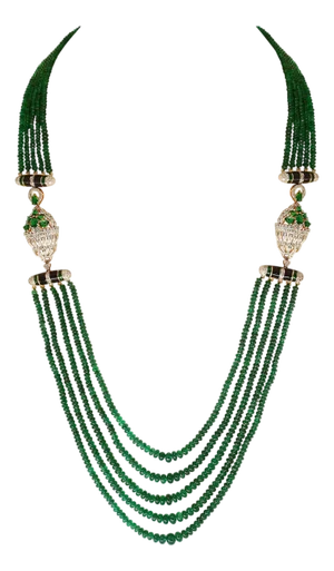 335 Carat 5-Strand Emerald Necklace with 6.5 Carat Diamond & Enamel in 14k Gold
