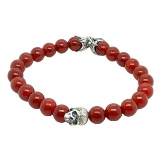 1990s David Yurman Carnelian Beads Skull Spiritual Bracelet Silver 8 mm Estate For Sale