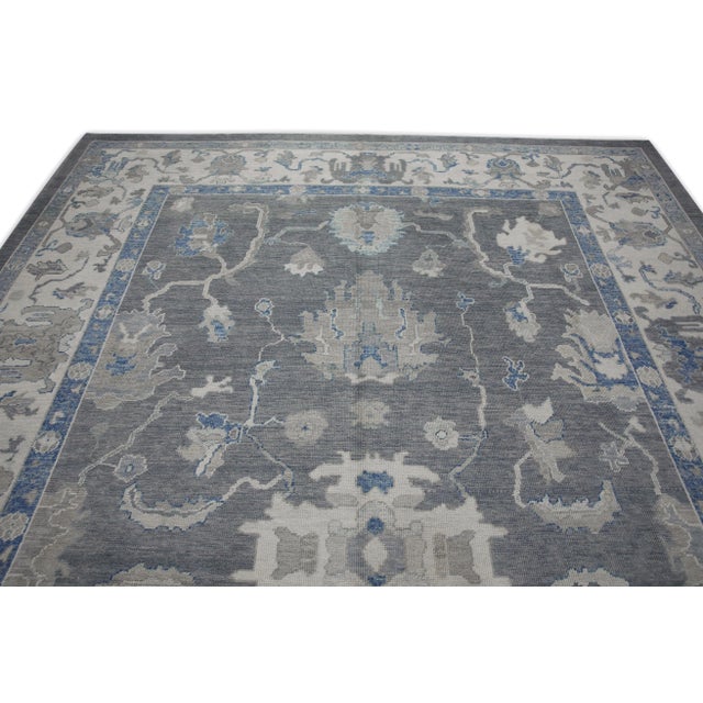 Early 21st Century Gray & Blue Floral Design Handwoven Wool Modern Turkish Oushak Rug 9'9" X 13'11" For Sale - Image 4 of 10