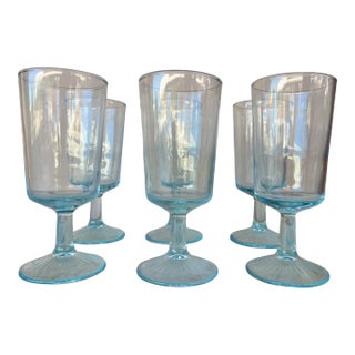 Vintage Aqua Blue Tint Wine Goblets- 6 For Sale