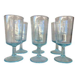 Vintage Aqua Blue Tint Wine Goblets- 6