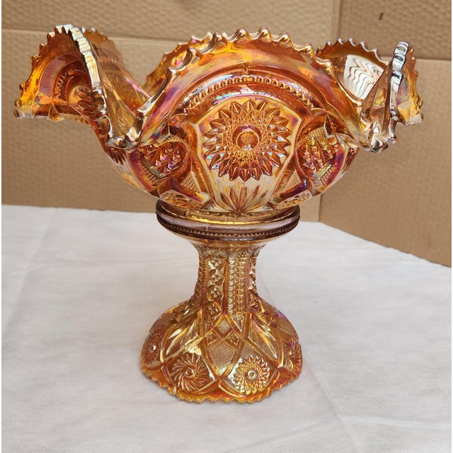 Fenton Art Glass Company Vintage Imperial Glass Carnival Twins Bowl With Pedestal Hobstars and Arches For Sale - Image 4 of 4