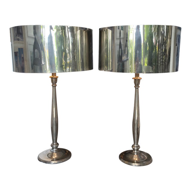 Solid Pewter Lamps and Round Shades a Pair | Chairish