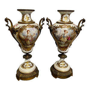 19th Century French Sevres Louis XVI Gilt Porcelain Vases- a Pair