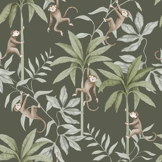 Boråstapeter Jungle Friends Wallpaper In Pewter Green For Sale