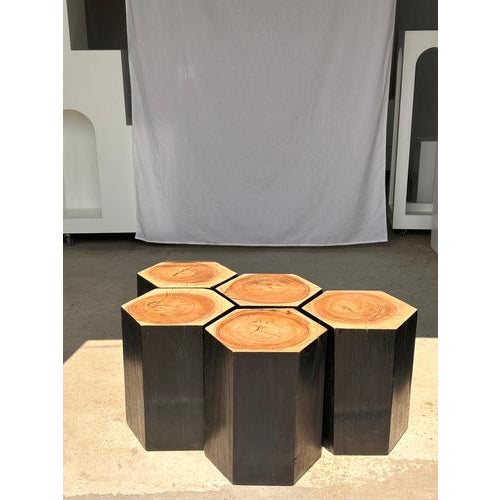 Hexagonal Stools in Two-Tone Suar, Set of 5 For Sale - Image 10 of 18