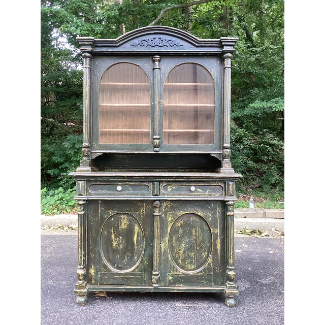 Farmhouse Antique Swedish Gustavian Style Painted Pine Two-Piece Hutch Cabinet For Sale - Image 3 of 10