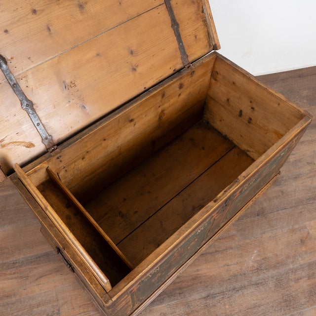Folk Art Hand-Painted Pine Flat Top Trunk From Hungary Dated 1830 For Sale - Image 3 of 11