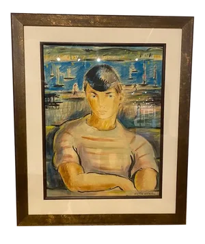 1940s "Young Man in Striped Shirt" Expressionist Style Portrait Gouache Painting by Victor Manuel