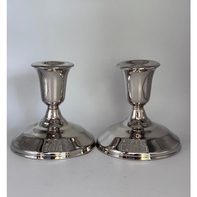 Contemporary Vintage Silver Plated Art Deco Style Taper Candle Holders - A Pair For Sale - Image 3 of 13