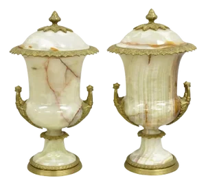 Mid 20th Century French Louis XVI Empire Style Onyx and Bronze Ormolu Large Lidded Urn - A Pair