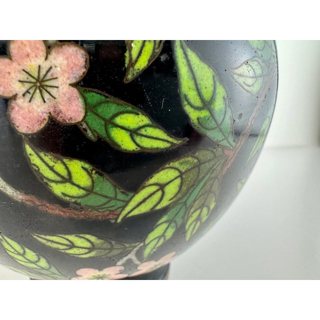 Vintage Cloisonné Floral Vase With Black Ground and Cherry Blossom Motif For Sale - Image 9 of 14