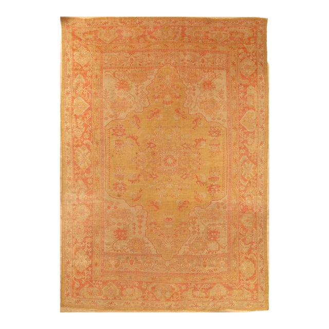 Antique Turkish Oushak Carpet, Handmade Oriental Rug, Gold, Taupe, Shrimp Coral For Sale
