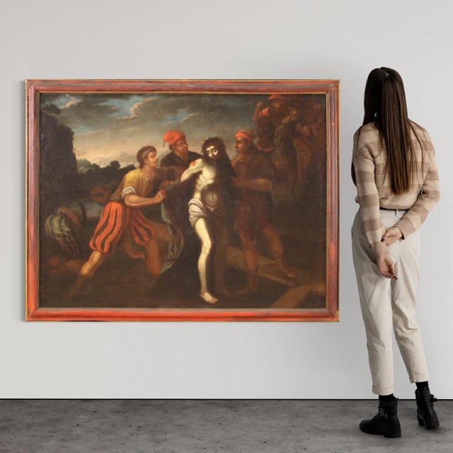 Antique Italian painting from the 17th century. Artwork oil on canvas depicting a religious subject, Jesus stripped of his...