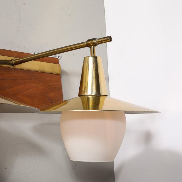 Mid-Century Modern Mid-Century Modernist Dual-Head Brass & Frosted Glass Sconce on Teakwood For Sale - Image 3 of 11