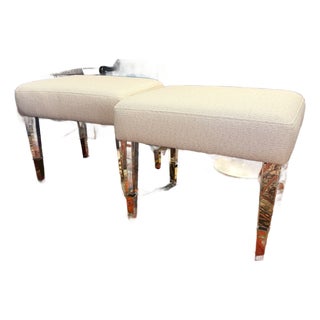 Custom Made Acrylic and Woven Cream Upholstered Ottomans a Pair For Sale