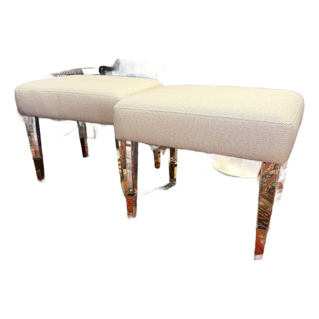 Custom Made Acrylic and Woven Cream Upholstered Ottomans a Pair For Sale