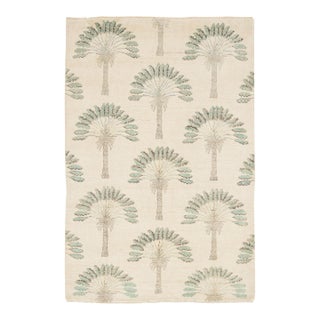 Art Deco Inspired Modern Palm Tree Wool Rug in Neutral Cream 4x6 For Sale
