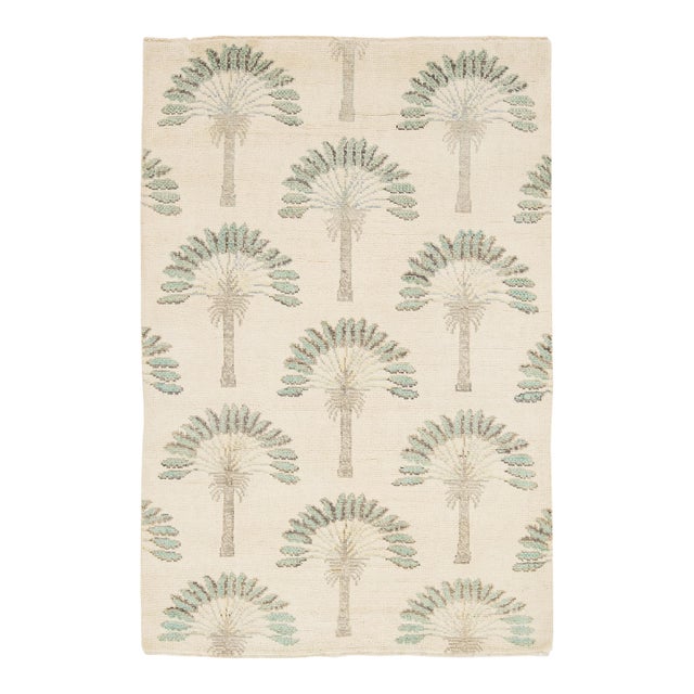 Art Deco Inspired Modern Palm Tree Wool Rug in Neutral Cream 4x6 For Sale
