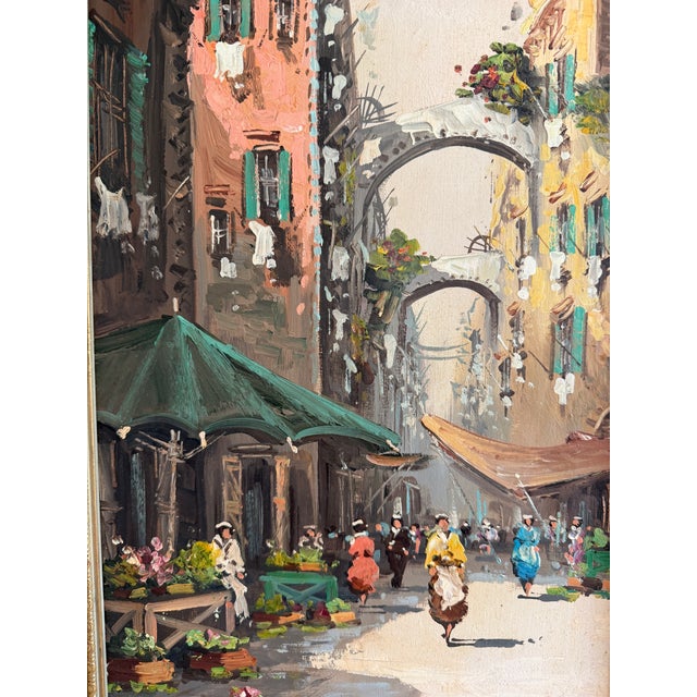 Gold Antonio De Vity (1901-1993) Oil Painting Italian Street Market Scene Cityscape For Sale - Image 8 of 12