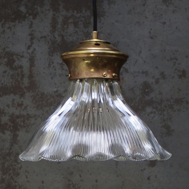 Vintage Industrial Glass and Brass Pendant Light from Holophane For Sale - Image 6 of 8