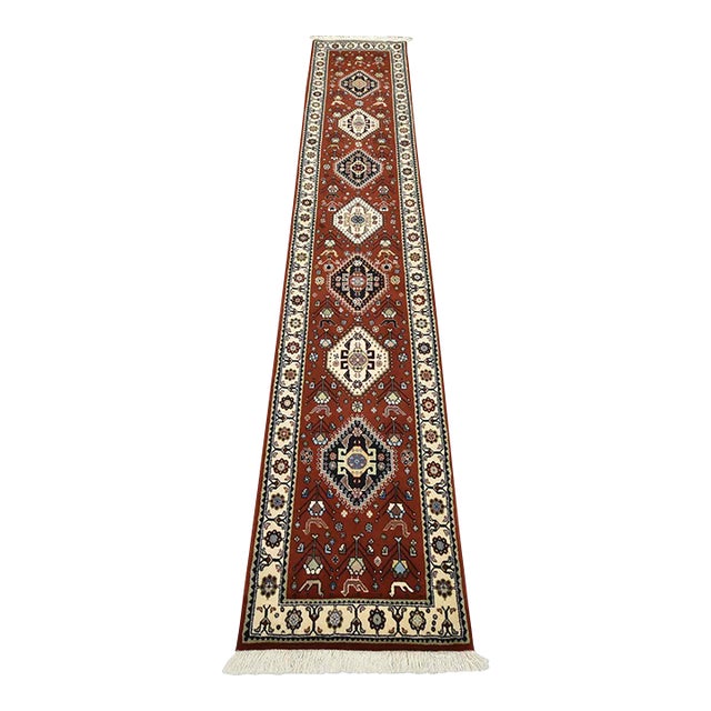 Fine Kashmar Runner 1’10” X 10’1” Red Wool Traditional Hand-Knotted Rug For Sale