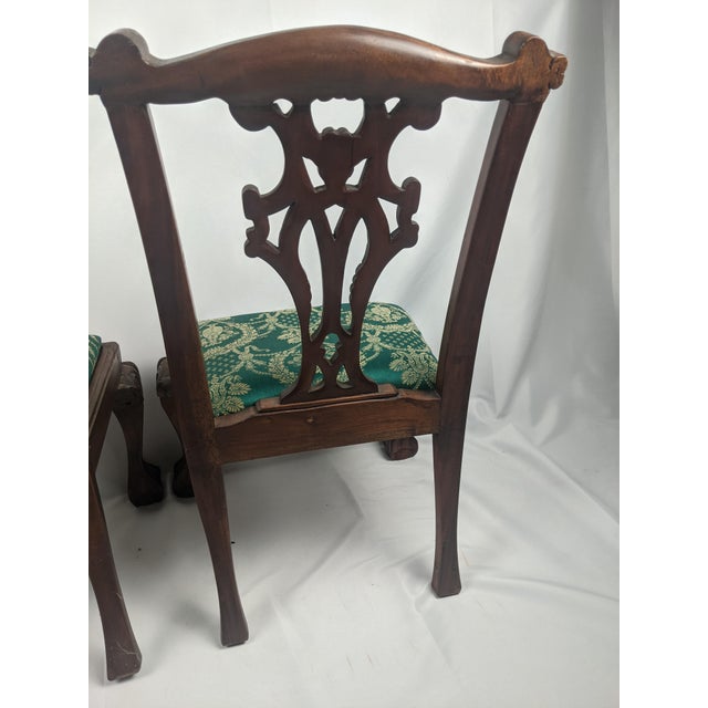 Pair of Antique Carved Wood Chippendale Style Side Chairs With Green Brocade Seats For Sale - Image 9 of 18