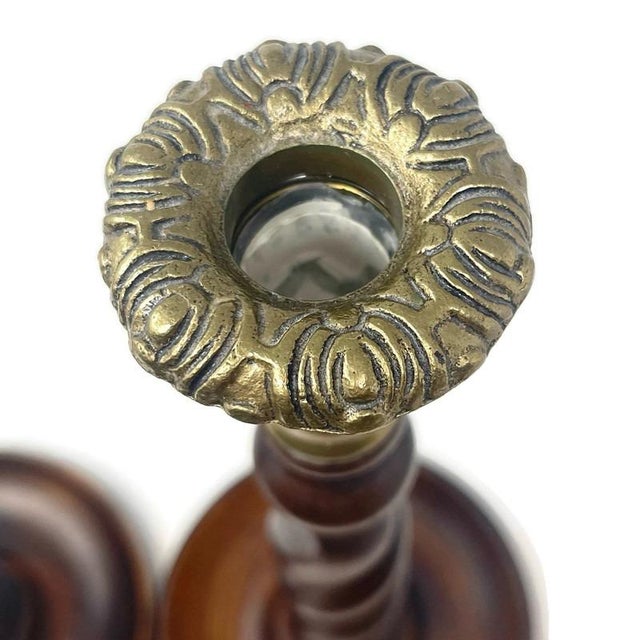 Mid-Century English Oak & Brass Open Barley Twisted Candlesticks - a Pair For Sale - Image 9 of 9