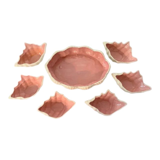 Darling Coastal Pink & White Ceramic Bowl Set- 7 Pieces For Sale