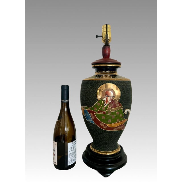 Wood Large Japanese Satsuma 'Moriage' Black and Gold Kannon Table Lamp, Signed For Sale - Image 7 of 12