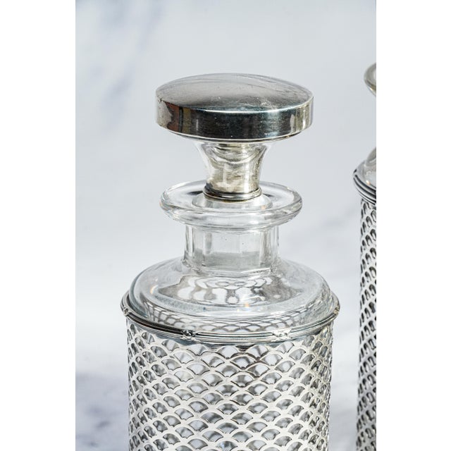 1900 - 1909 Impressive 3 Piece Antique Crystal Sterling Silver Bottle Jar Vanity Dresser Set For Sale - Image 5 of 17