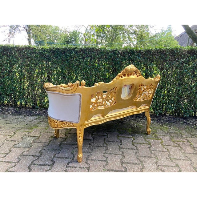 Wood Vintage French Louis XVI Settee in Gilded Beech Wood, Mint Damask & Cream Velvet For Sale - Image 7 of 11