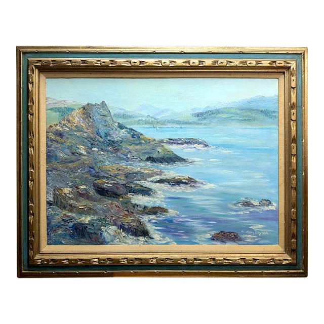 1970s Audrey Myrick Original Coastal Seascape Oil on Canvas in Carved Gilt Frame For Sale