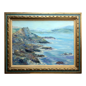 1970s Audrey Myrick Original Coastal Seascape Oil on Canvas in Carved Gilt Frame