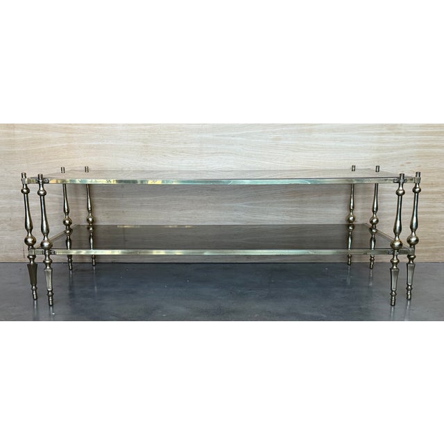 Mid-Century Modern Two-Tier Brass With Fumé Glass Rectangular Side Table For Sale - Image 4 of 9