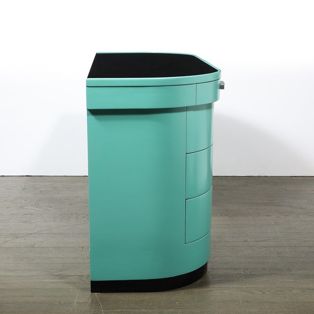 Robin's Egg Blue Art Deco Robin's Egg Blue Lacquer & Brushed Aluminum Desk by Donald Deskey For Sale - Image 8 of 9