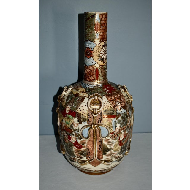 Antique Japanese Satsuma Bottle Vase With Molded Ribbons For Sale - Image 10 of 11