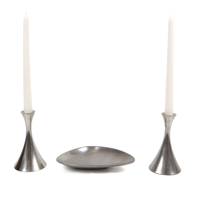 Danish Modern Pewter Candle Holders and Dish Set – Arne Erkers, for Just Andersen - Set of 3 For Sale - Image 9 of 11